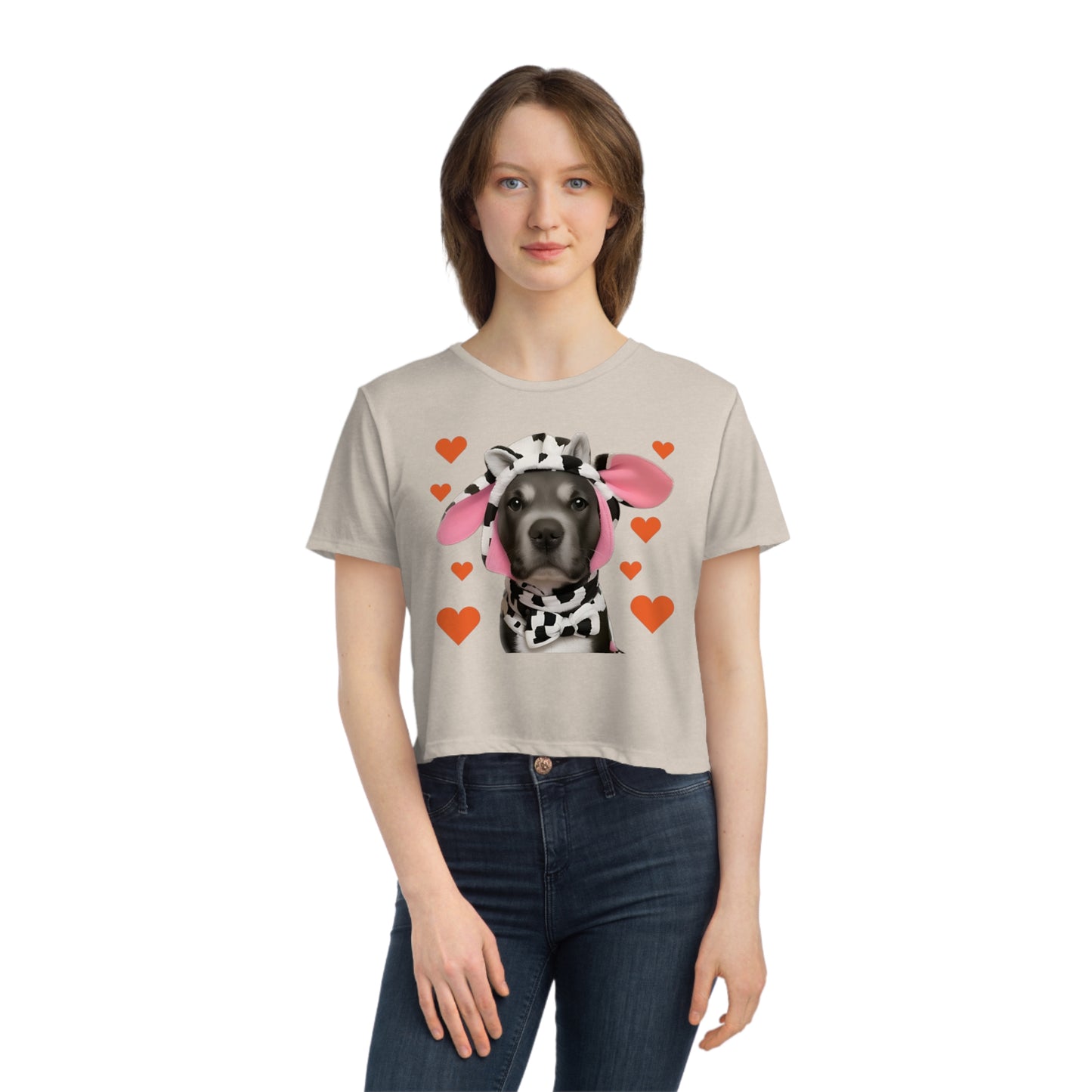 Heartwarming Cownture: Pitbull in a Cow Costume Cropped Tee