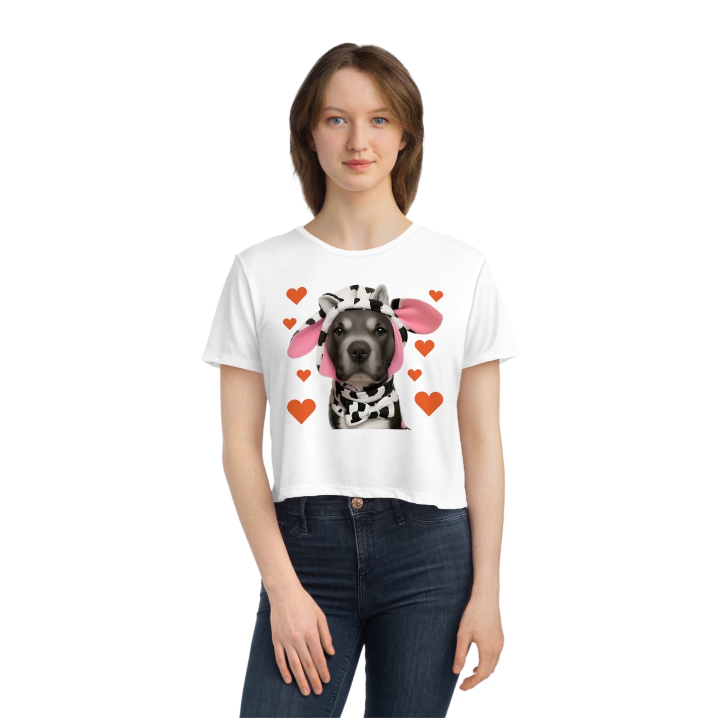 Heartwarming Cownture: Pitbull in a Cow Costume Cropped Tee